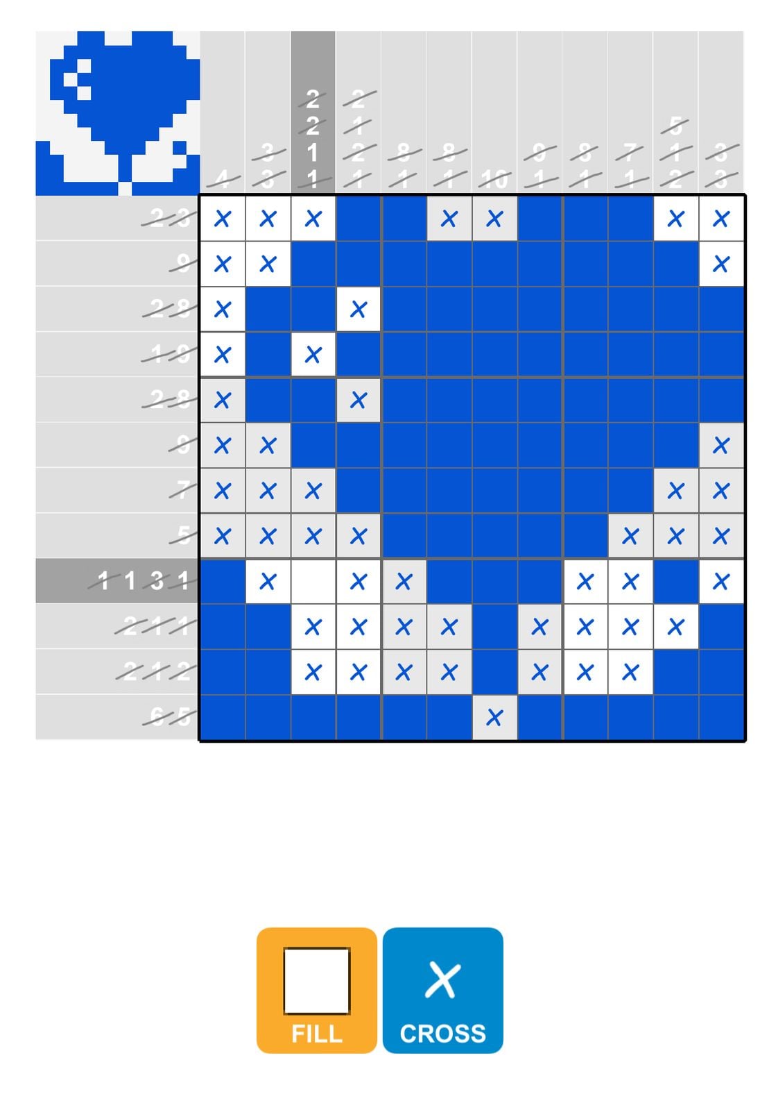 Nonogram puzzle with heart design solution.
