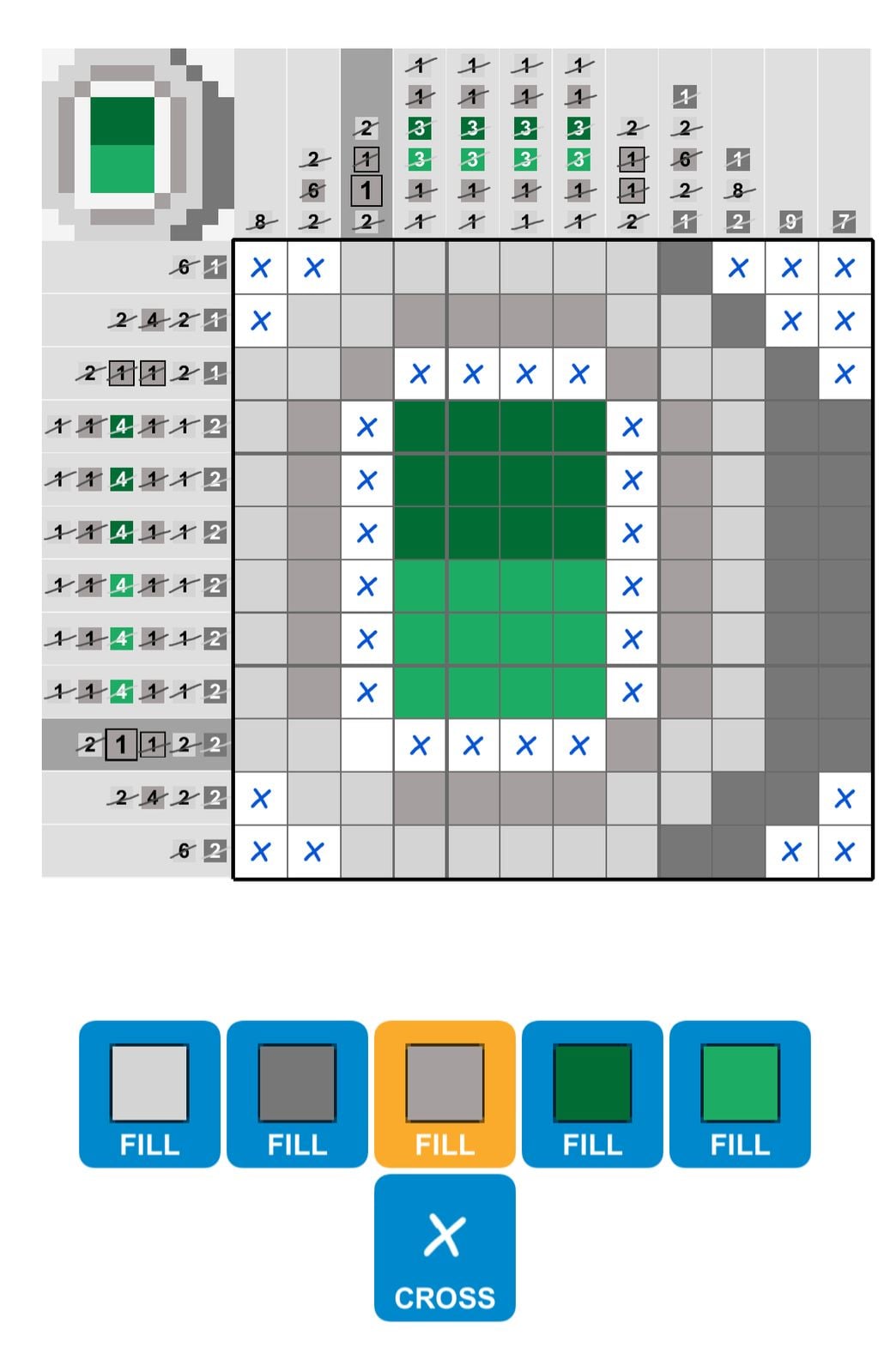 Nonogram puzzle grid with color options