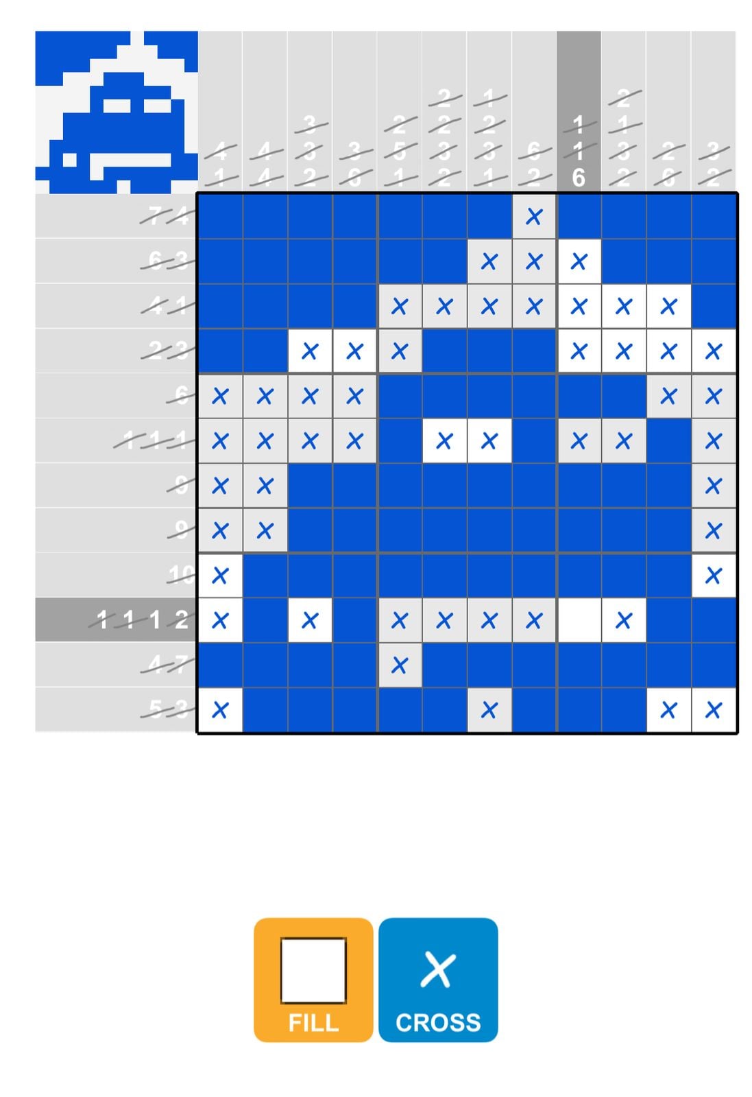 Nonogram puzzle showing pixelated alien face.