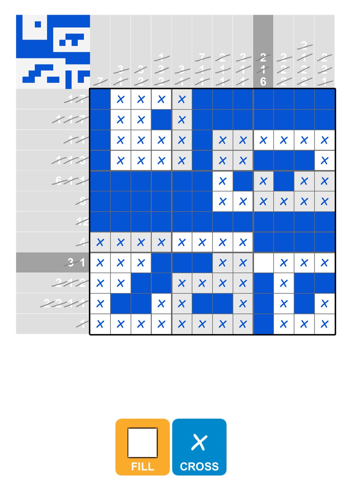 Nonogram puzzle partially solved with blue squares