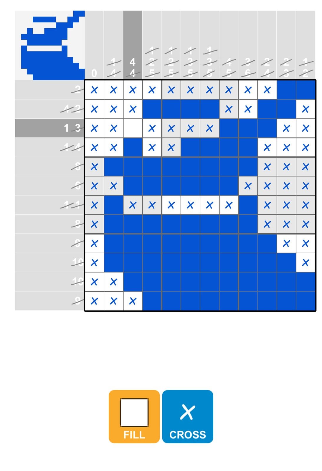 Nonogram puzzle with numbers and blue filled squares.