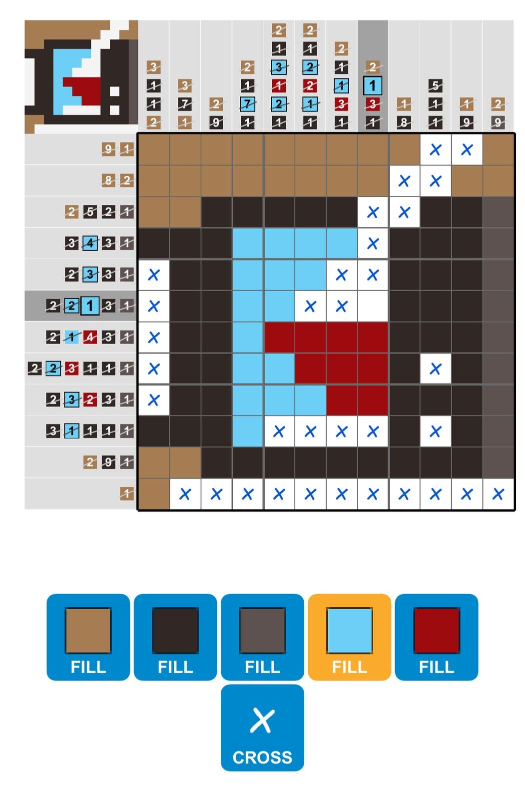 Nonogram puzzle with color filling options.