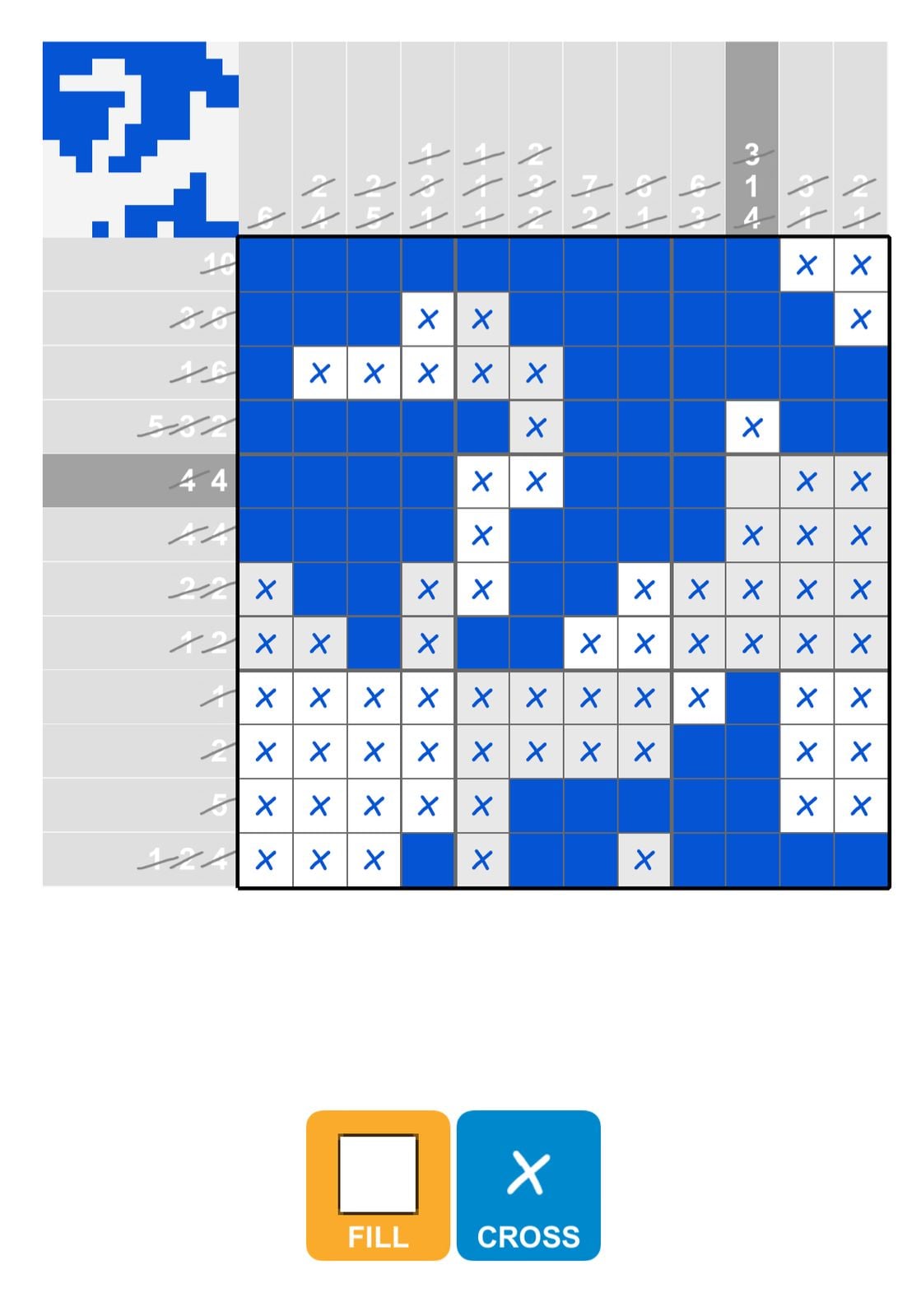 Nonogram puzzle partially solved with clues and grid.