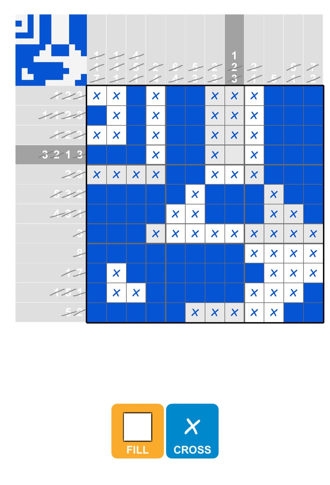 Nonogram puzzle partially completed with grid and hints.