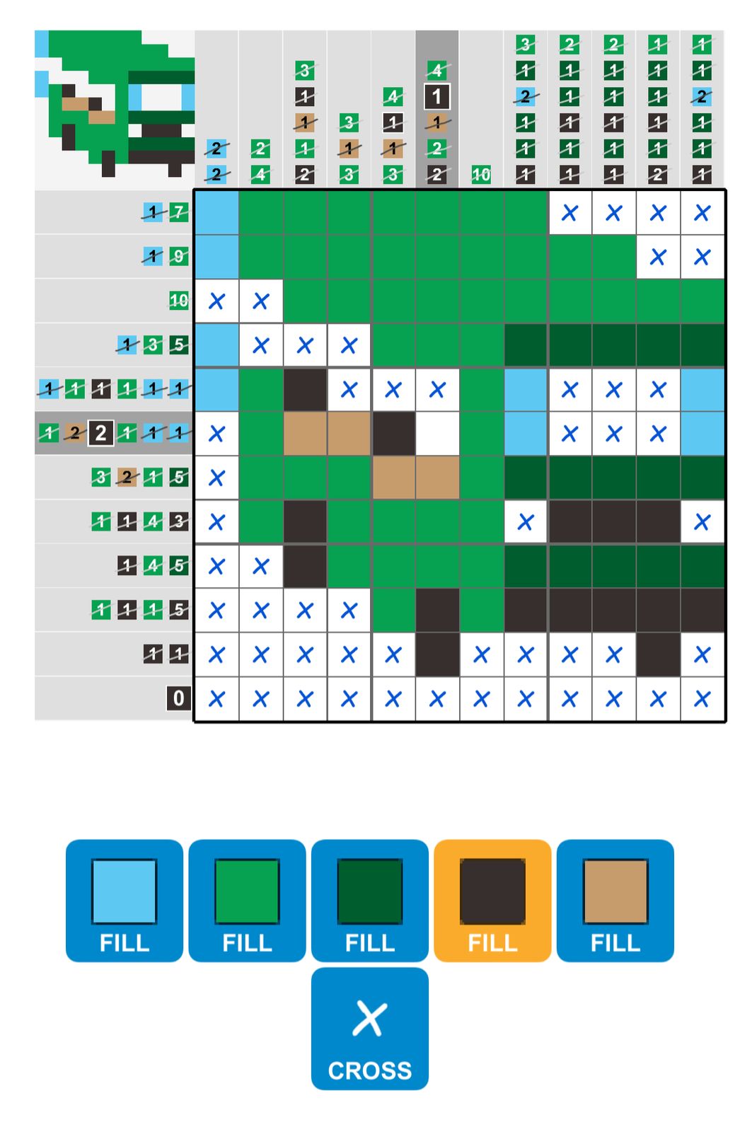 Colorful nonogram puzzle game interface.