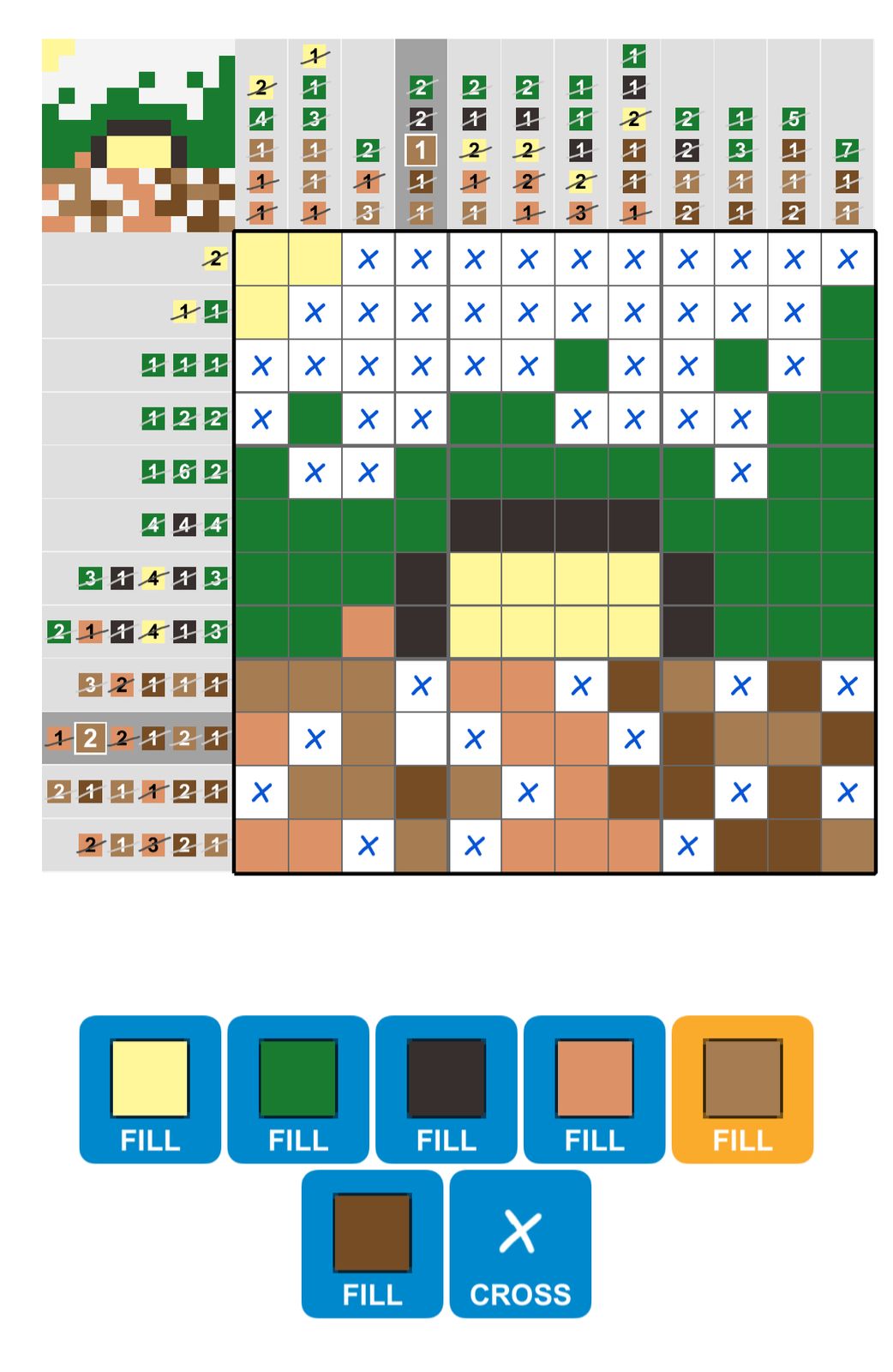 Nonogram puzzle in progress with color options below.