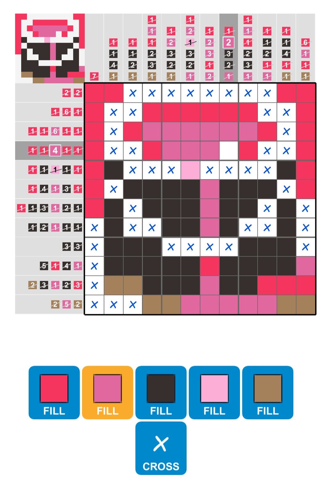 Colorful pixel art puzzle grid with tools.