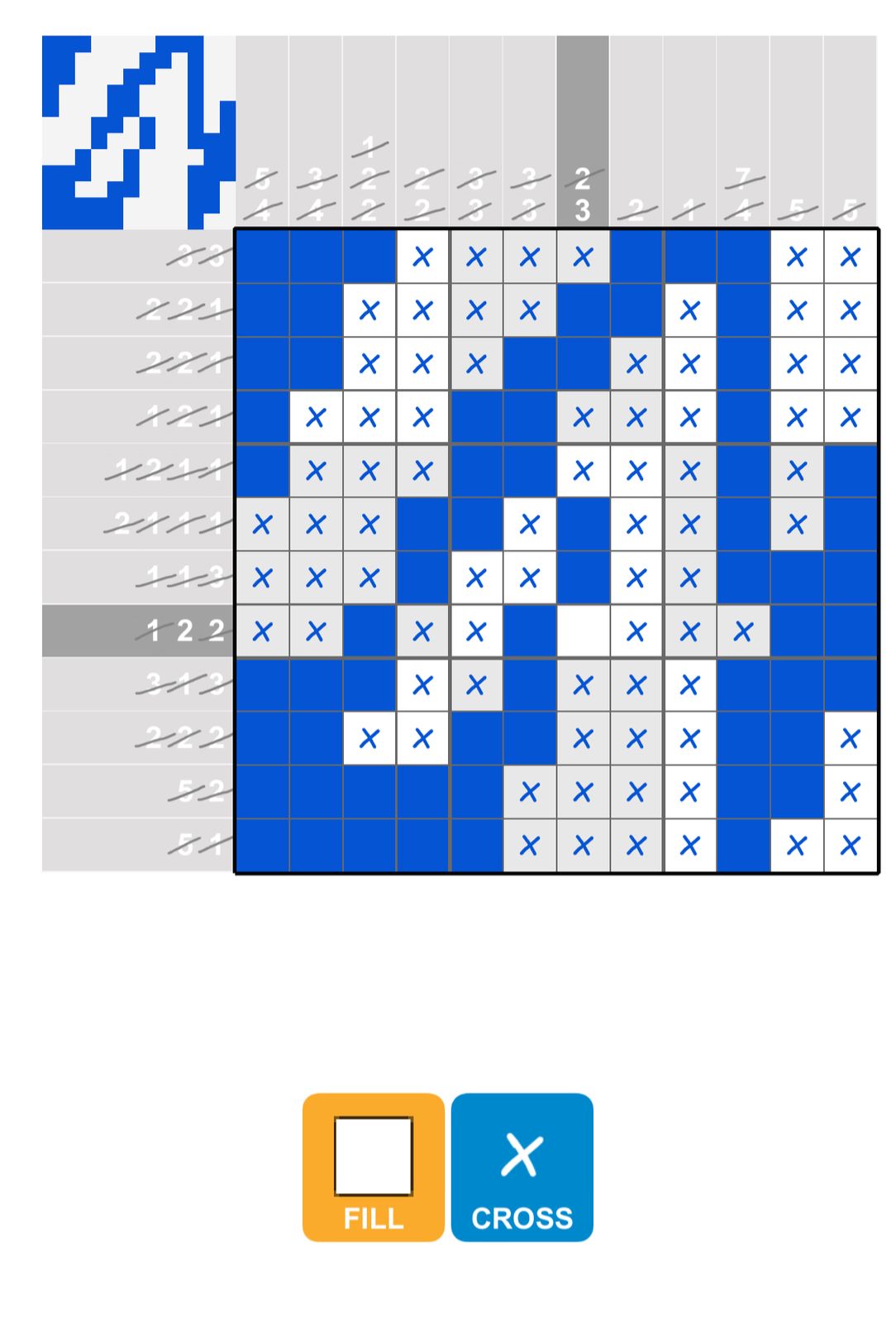 Completed nonogram puzzle with fill and cross options.