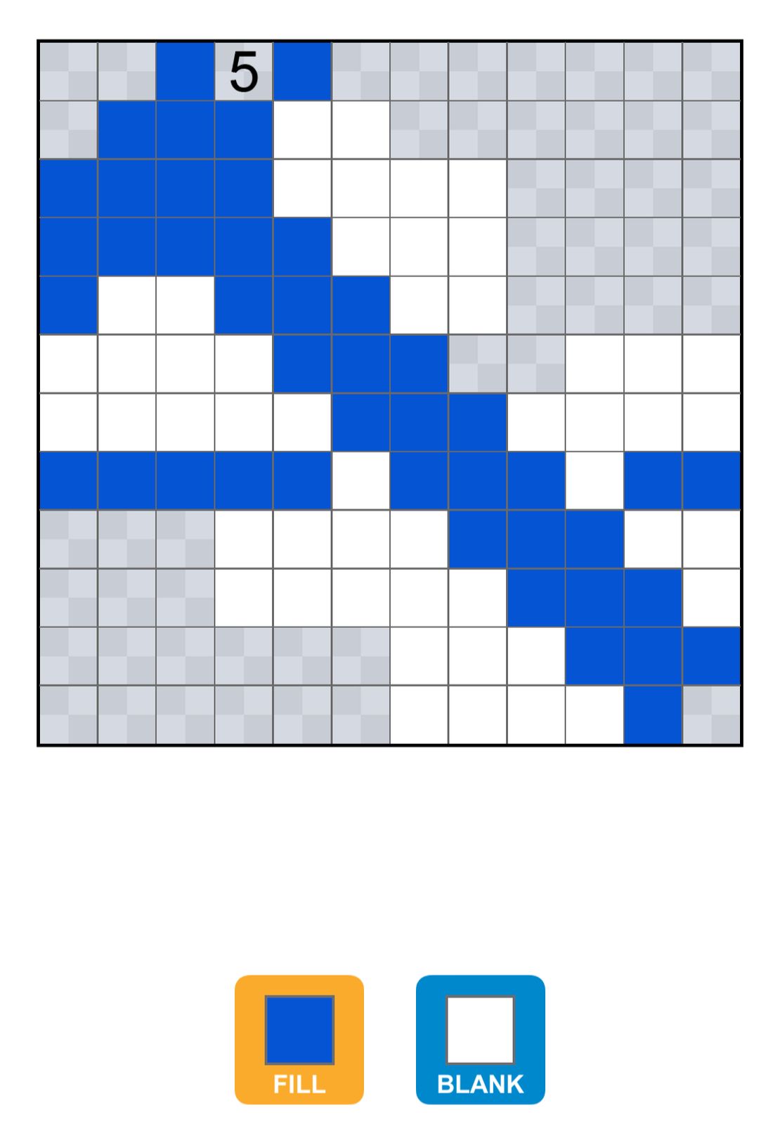 Puzzle board with blue and white squares.