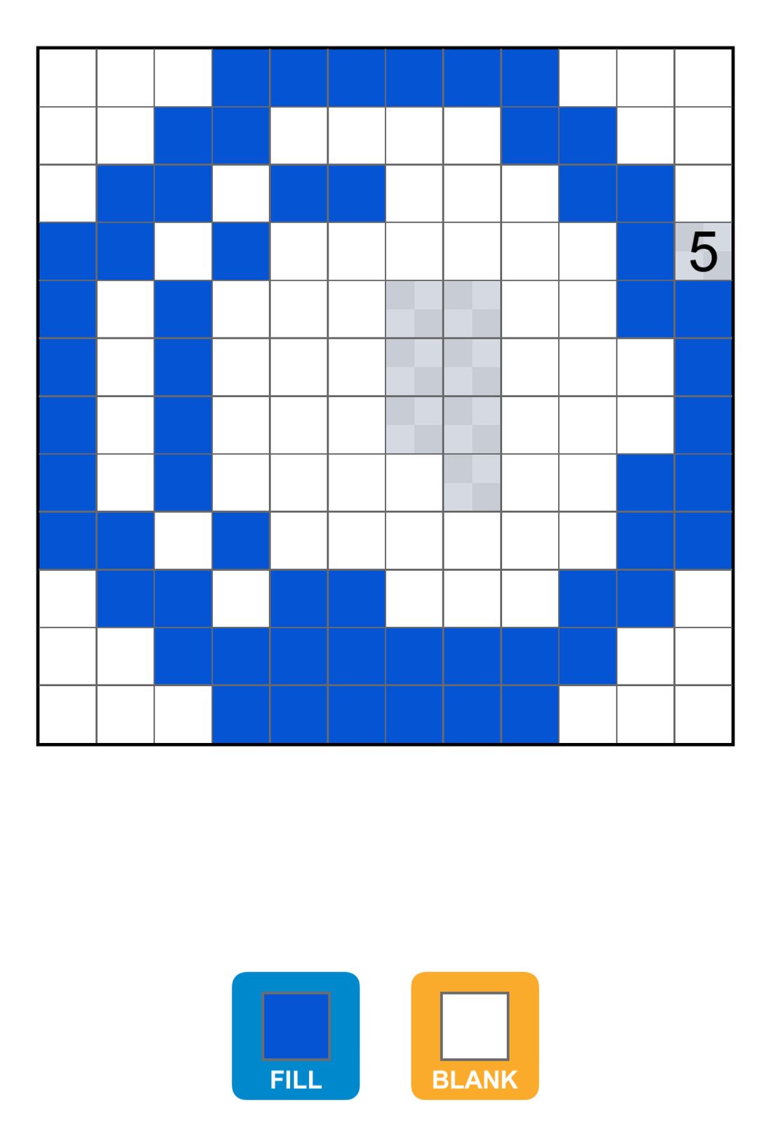 Blue and white pixel grid puzzle with clue.