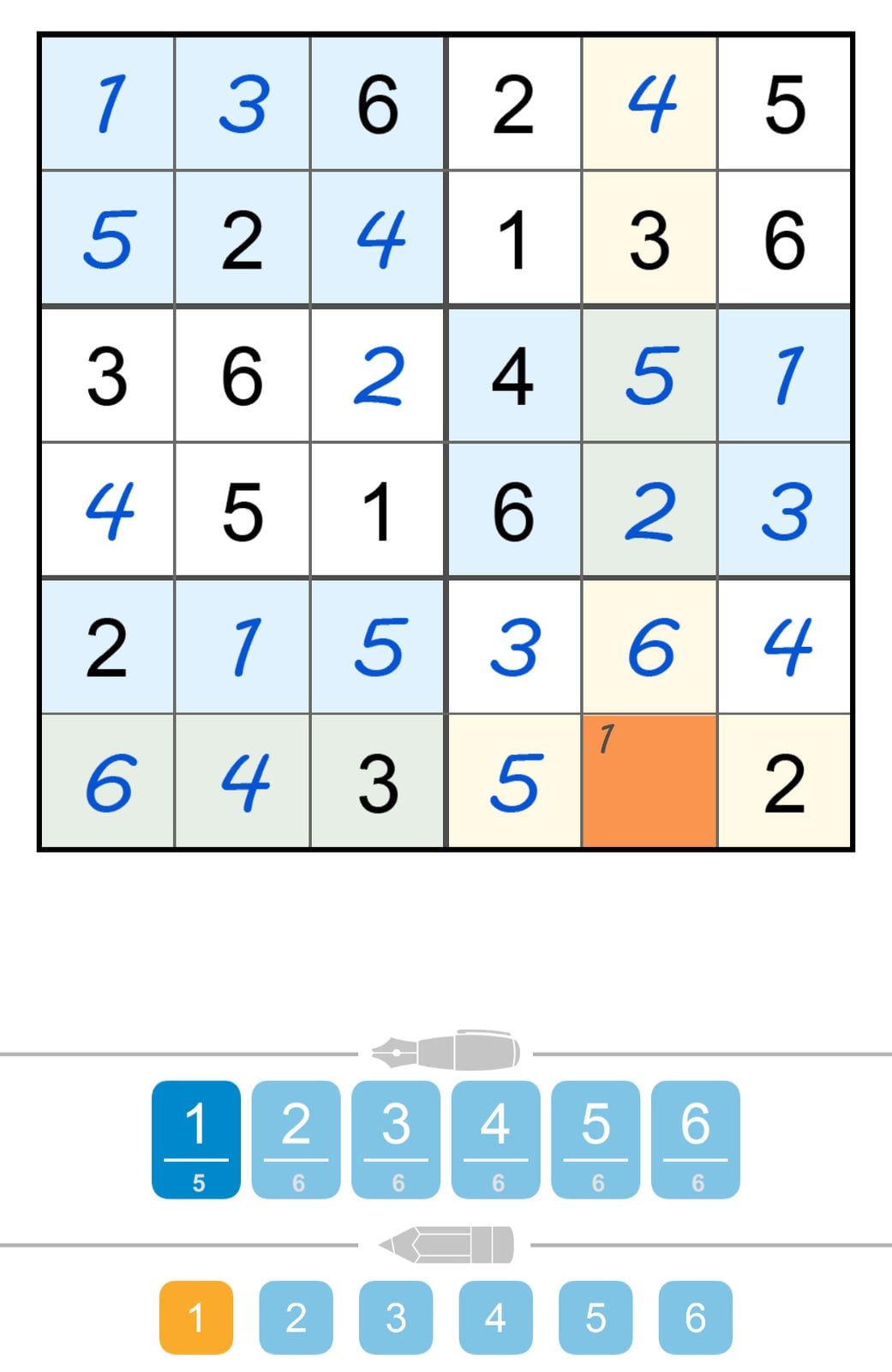 Partially filled 6x6 number puzzle grid.