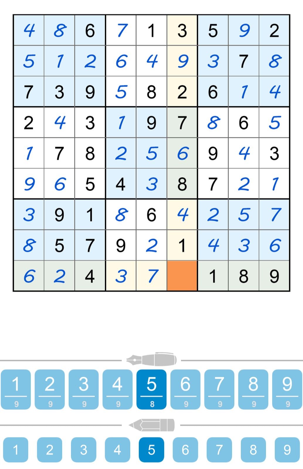 Sudoku puzzle with highlighted numbers.
