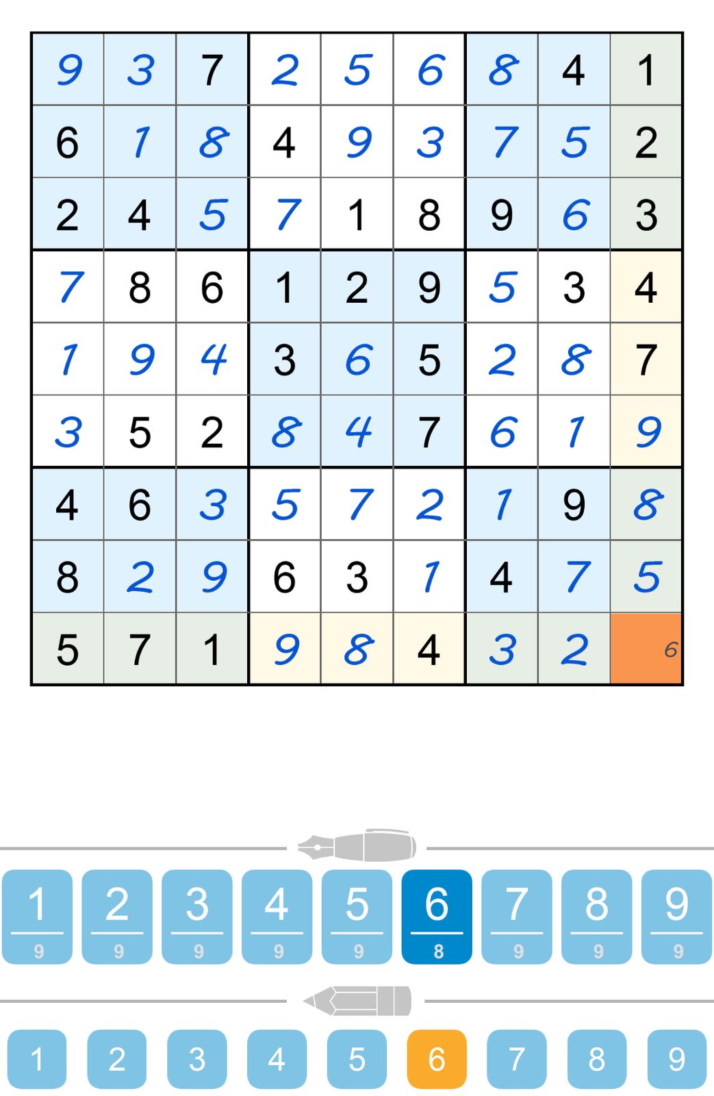 Sudoku puzzle grid with numbers and pen tool.