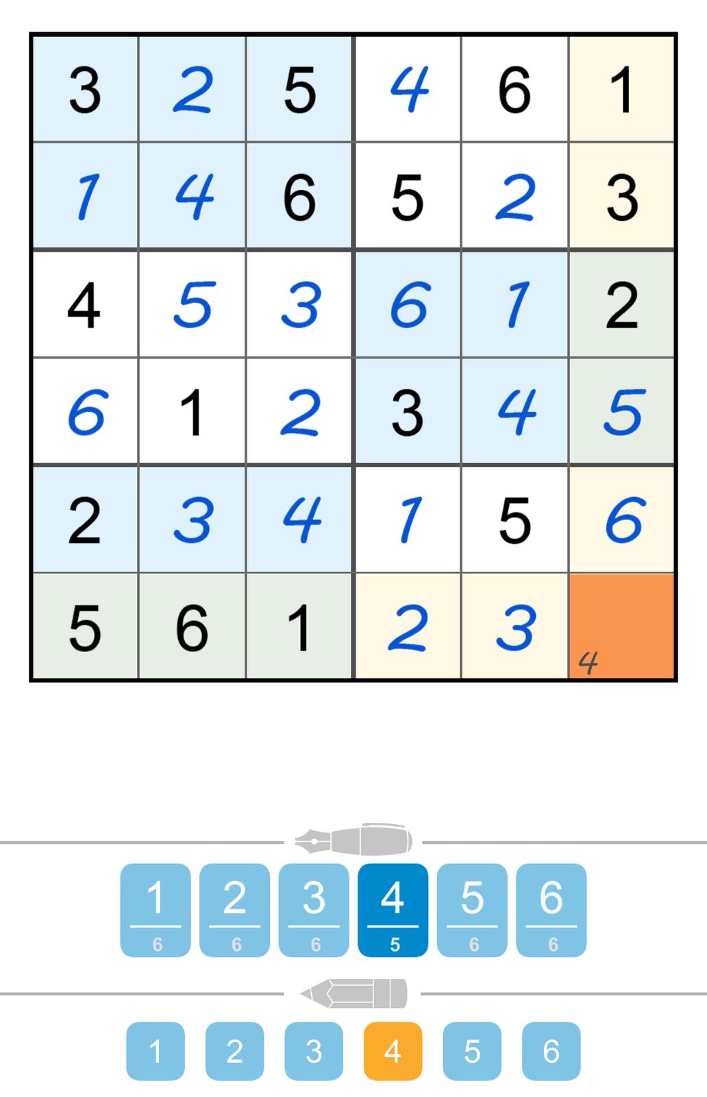 Partially completed colored Sudoku puzzle grid.