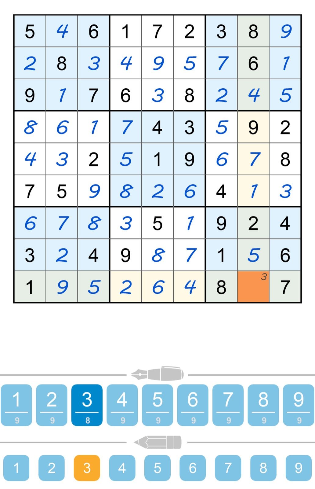 Partially filled Sudoku grid with number options.
