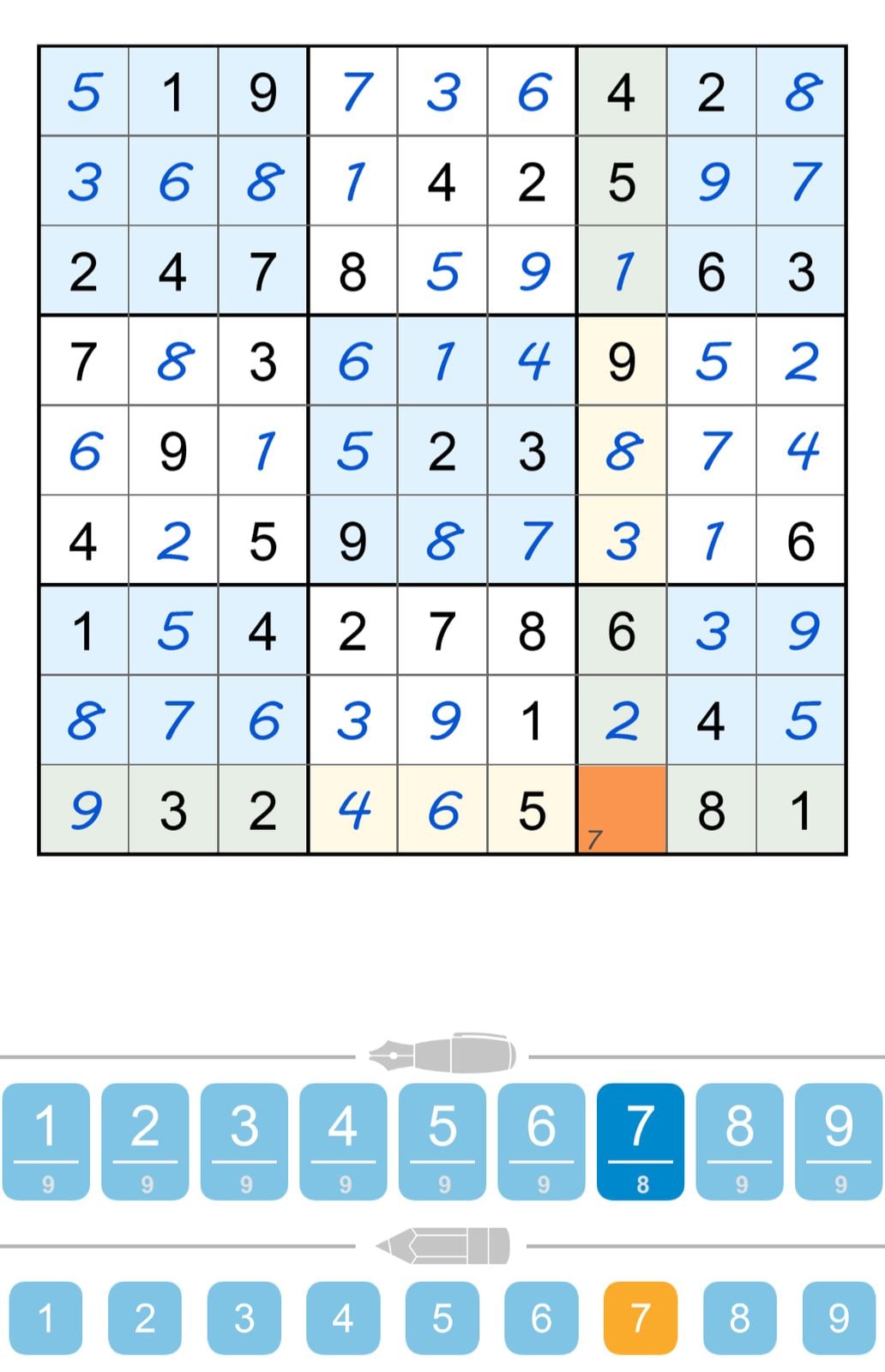 Sudoku puzzle grid partially filled, number selection below.