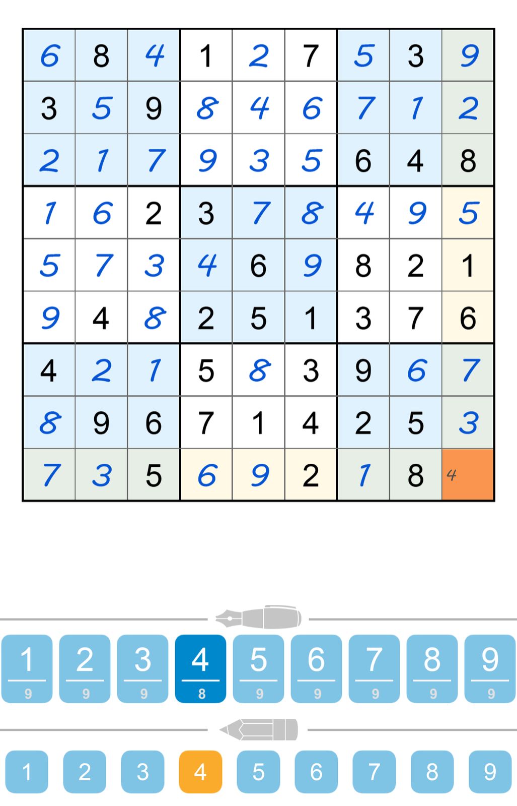 Partially completed Sudoku puzzle with number selection options.
