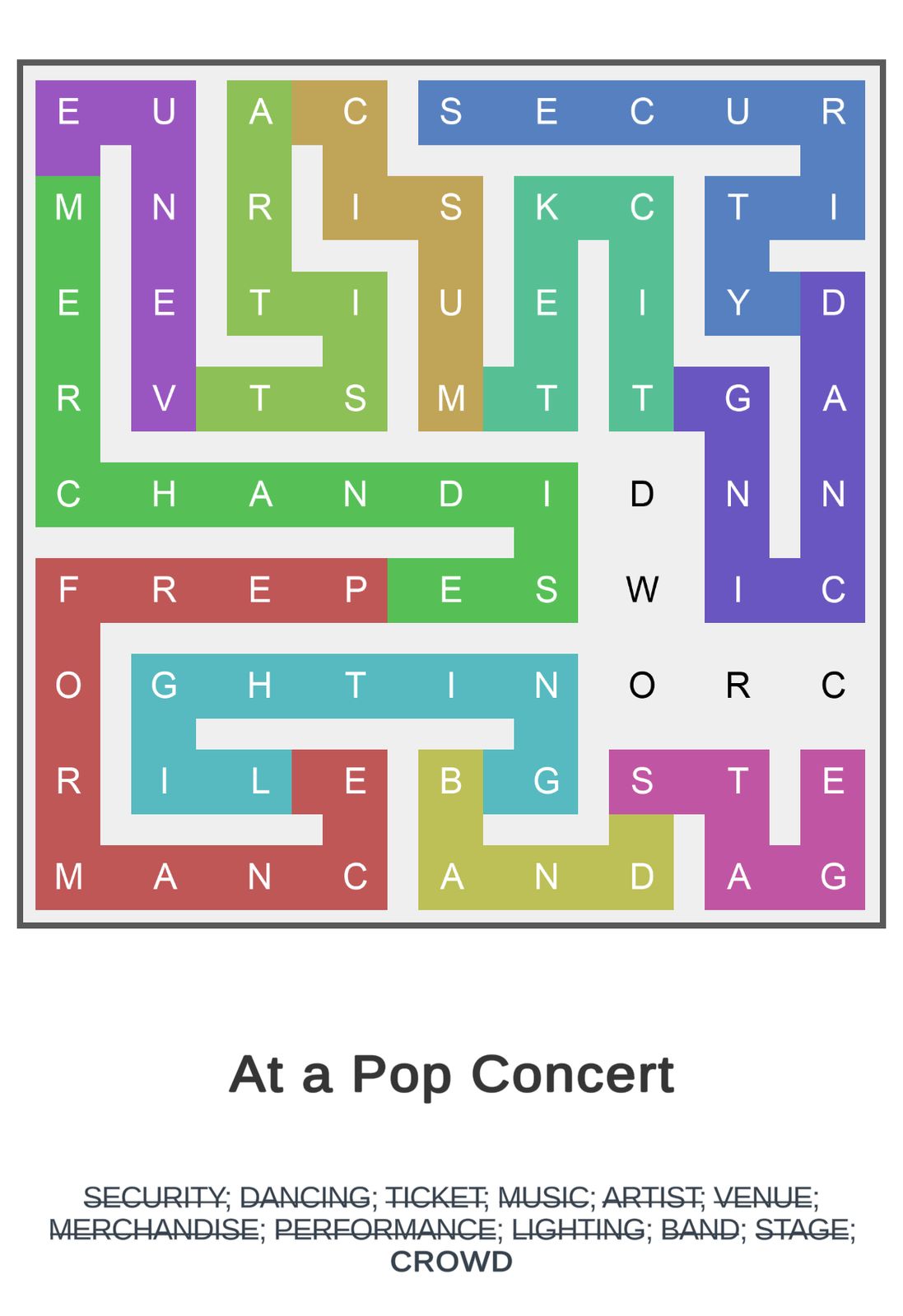 Colorful word maze about pop concert elements.
