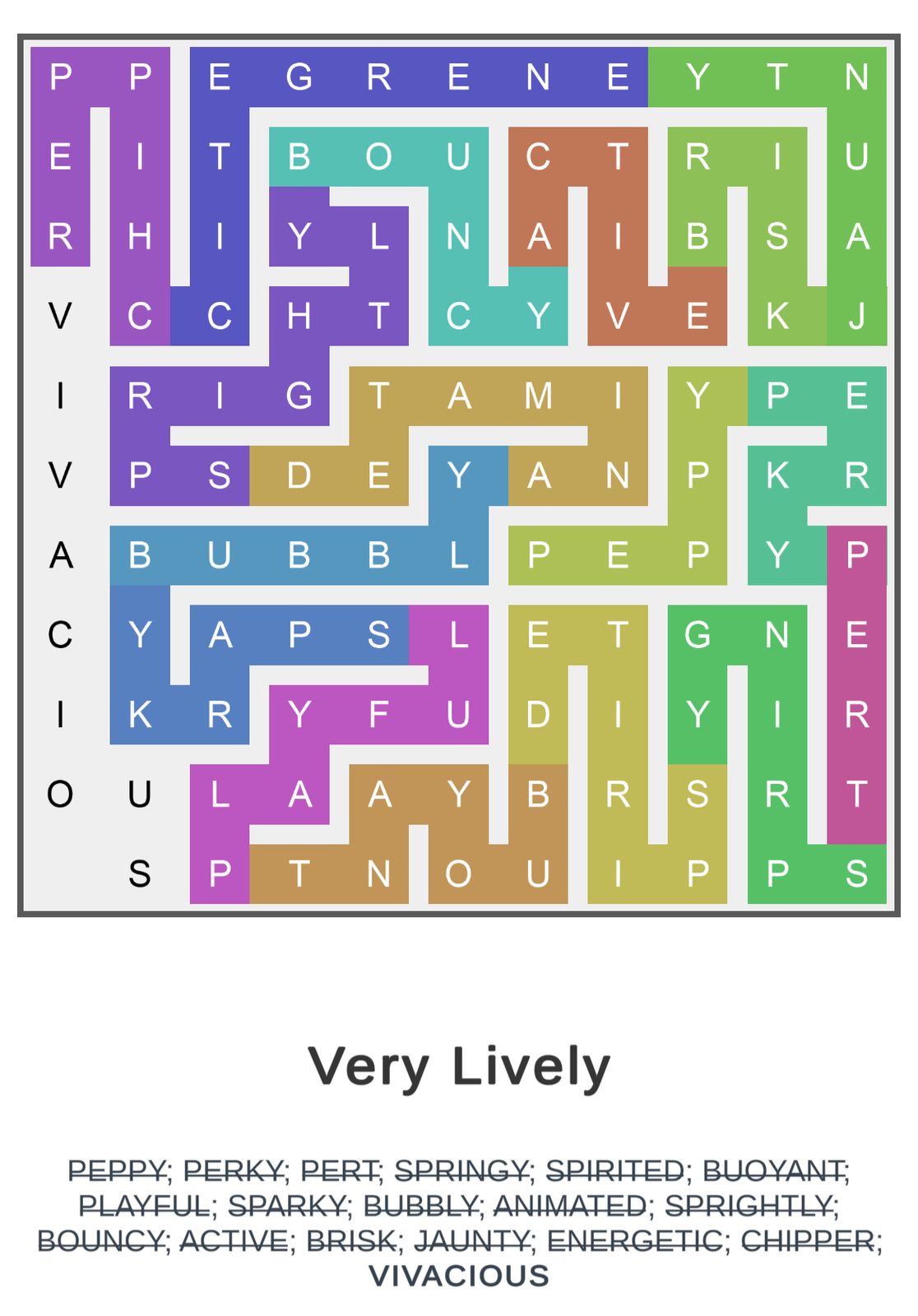 Colorful word search with lively synonyms.