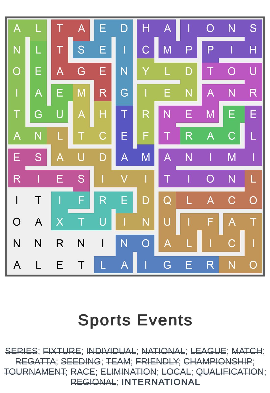 Colorful sports events word search puzzle
