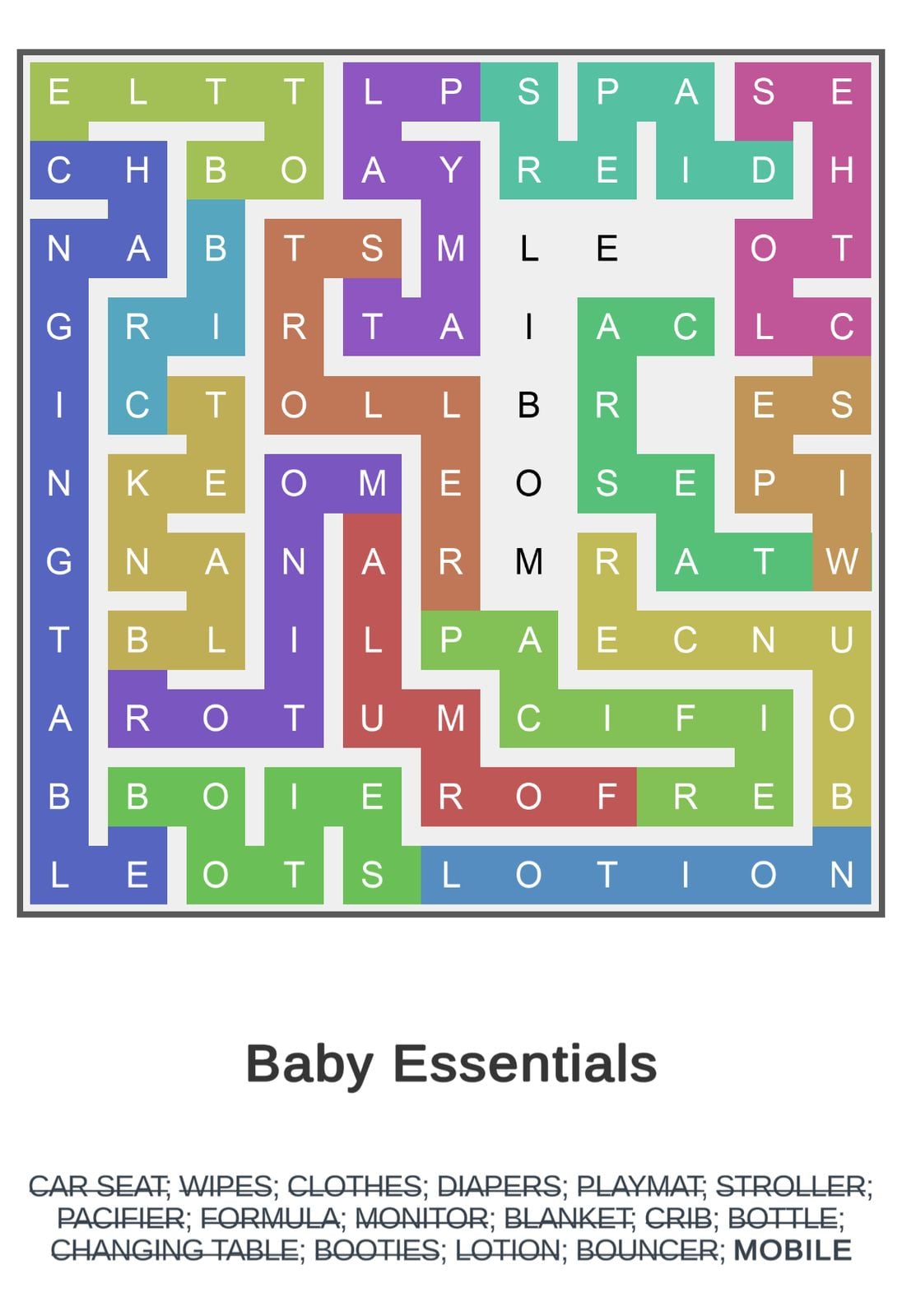 Colorful word search puzzle of baby essentials.