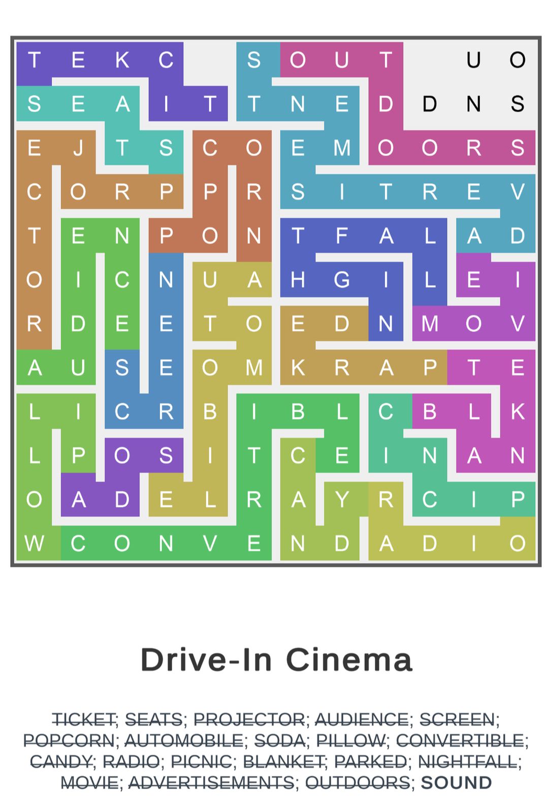 Drive-in cinema word search puzzle with related terms.