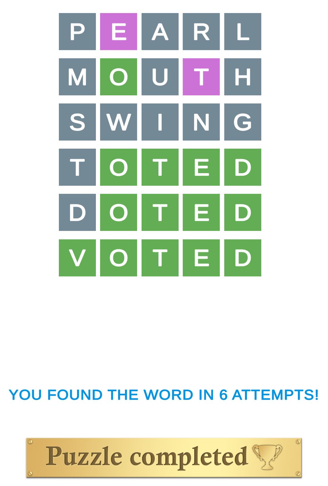 Word puzzle solved in six attempts.