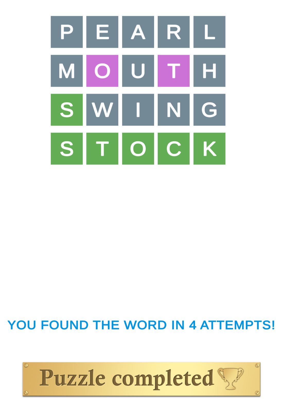 Word puzzle completed in four attempts.