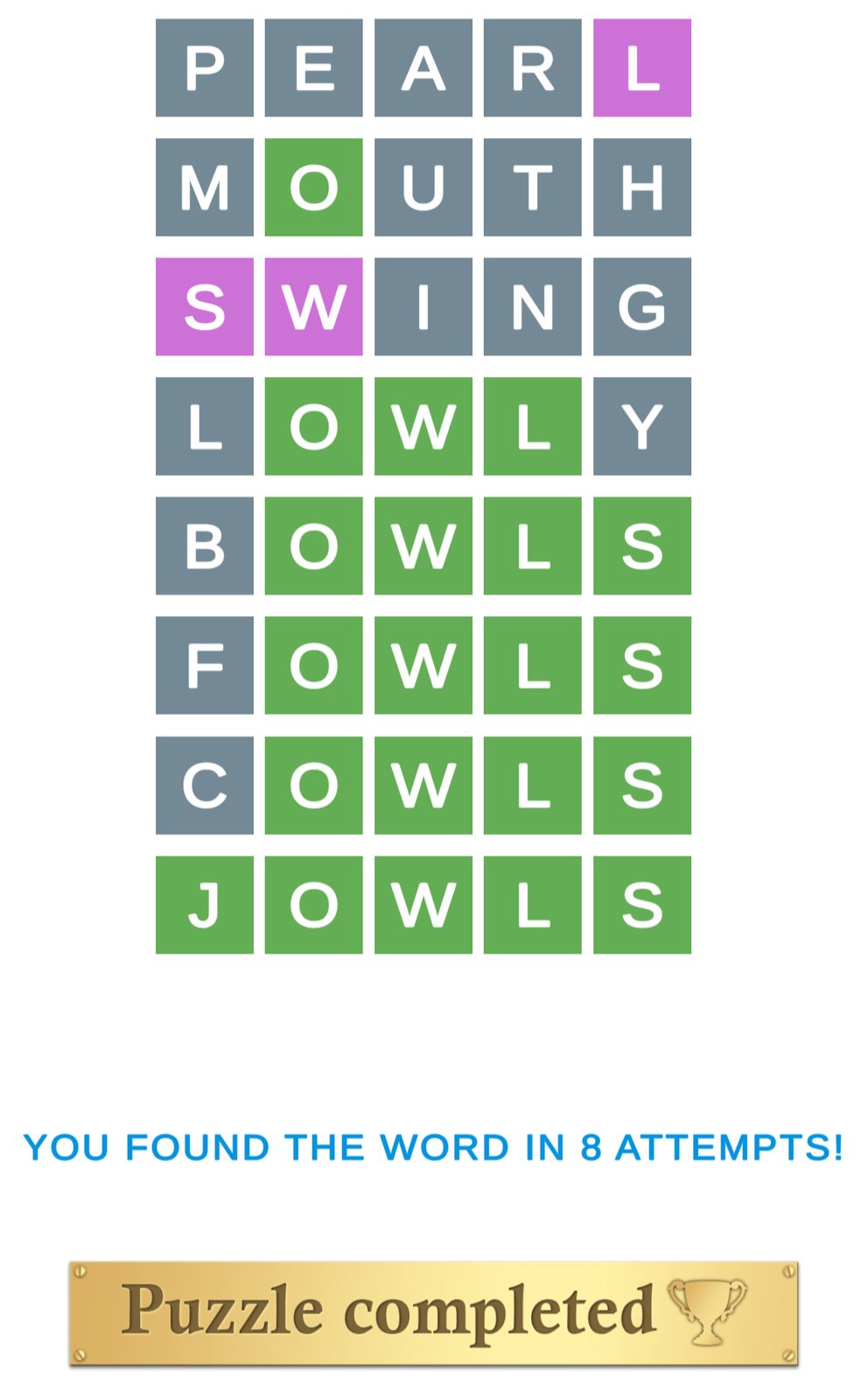Word puzzle solved in eight attempts
