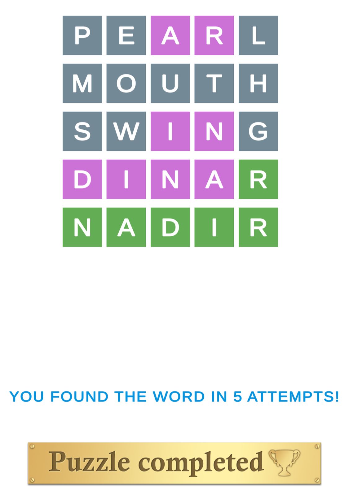Word puzzle completed in 5 attempts.