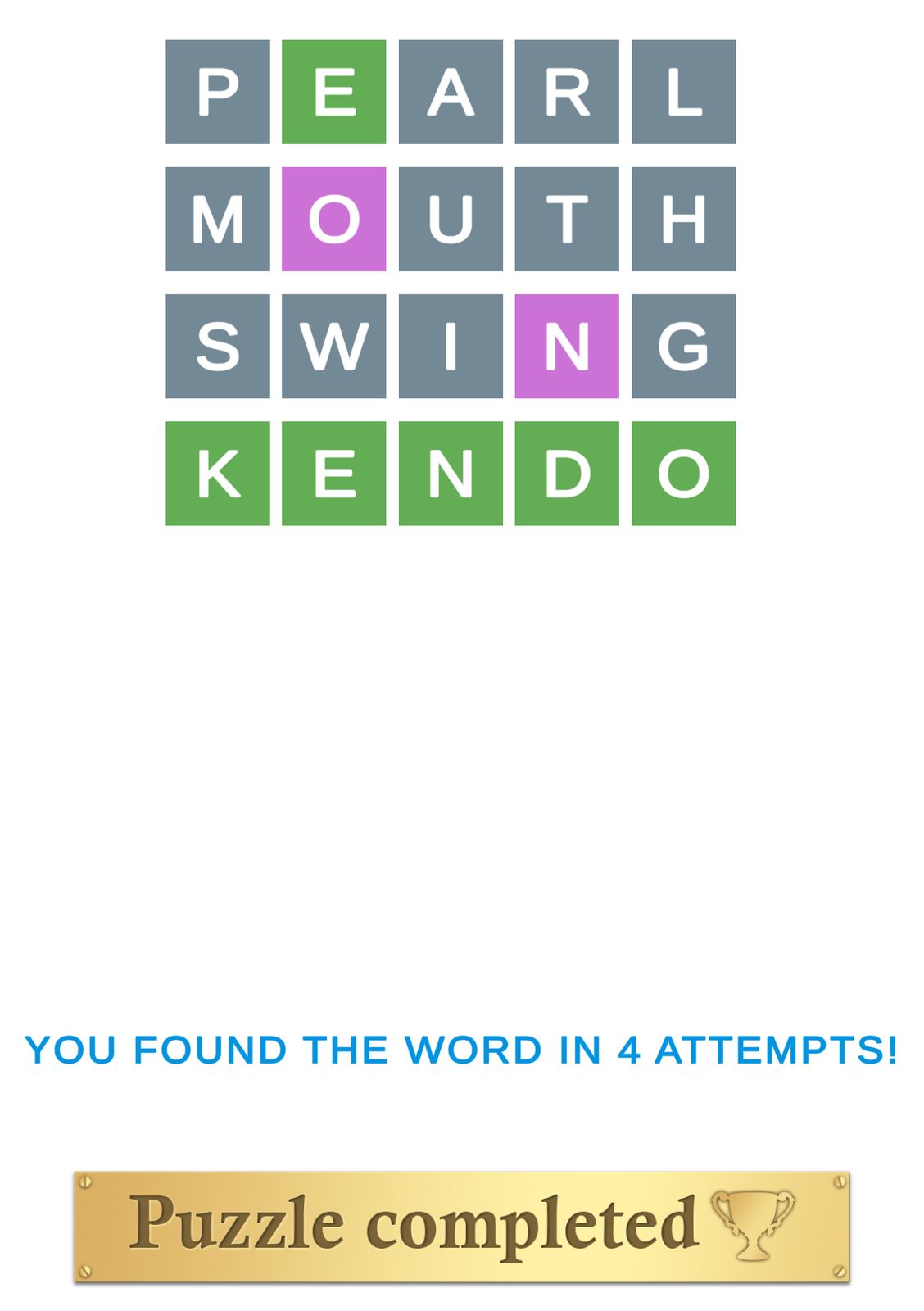Word puzzle completed in four attempts.