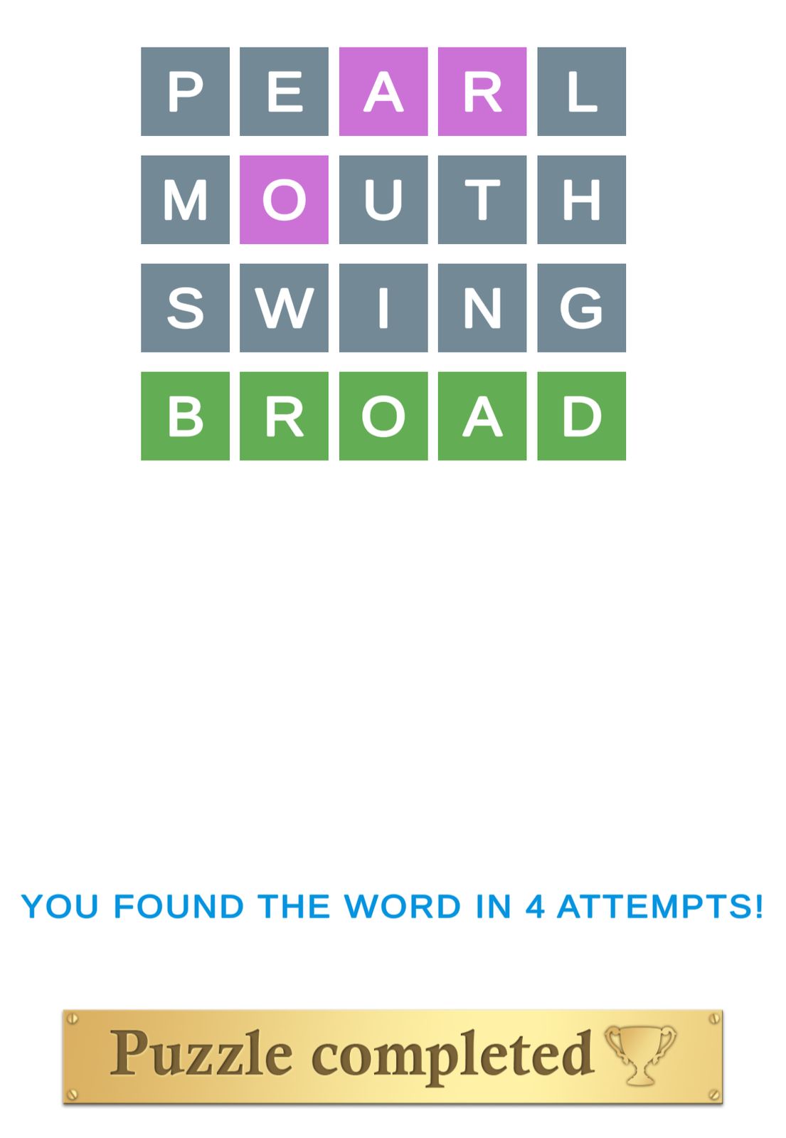 Word puzzle completed in four attempts.
