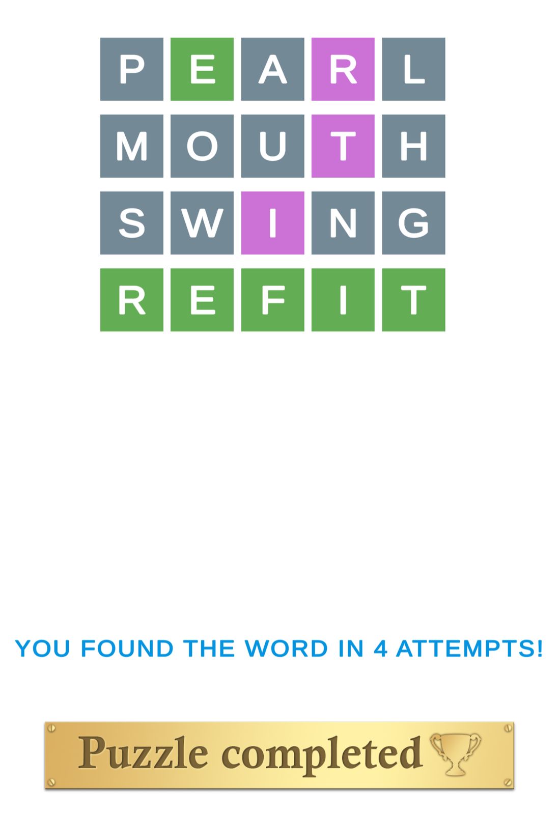 Word puzzle completed in four attempts.