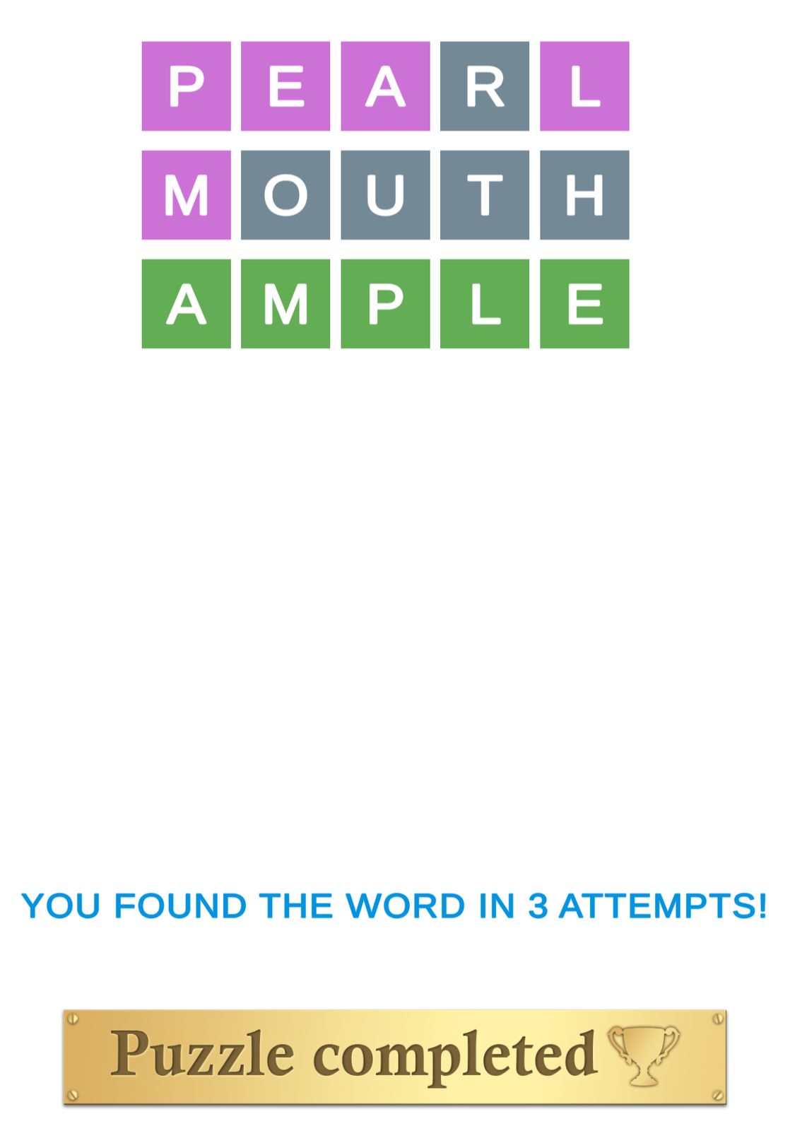 Word puzzle completed in three attempts.