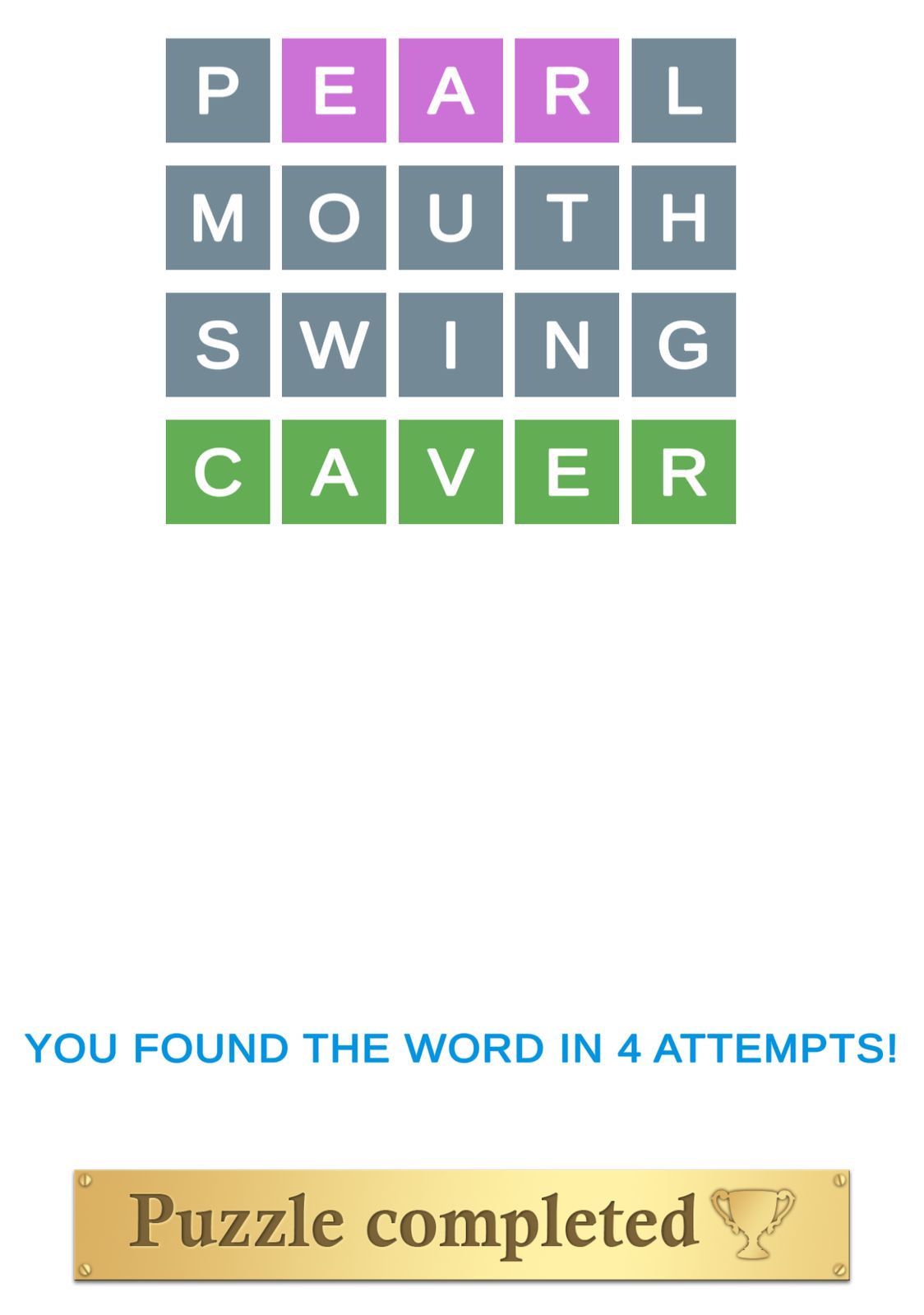 Word puzzle completed in four attempts.