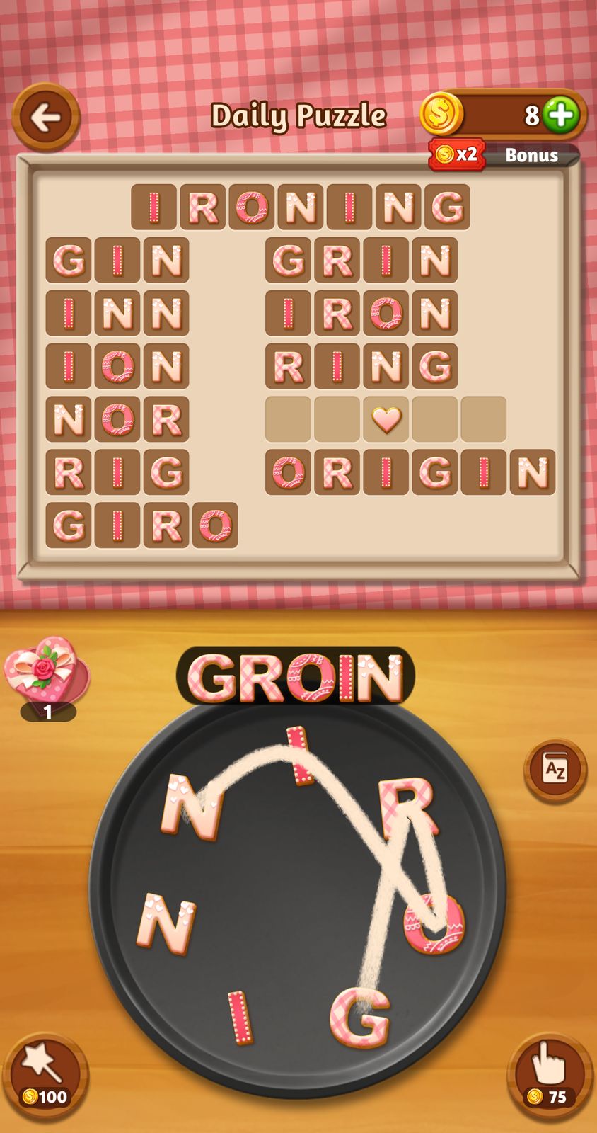 Word puzzle game with letter tiles and coins.
