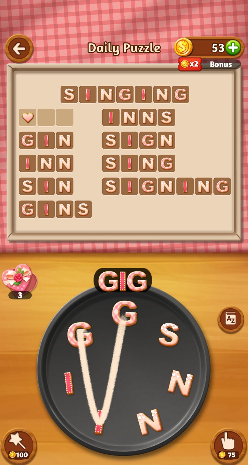 Word puzzle with letters forming words on a tray.
