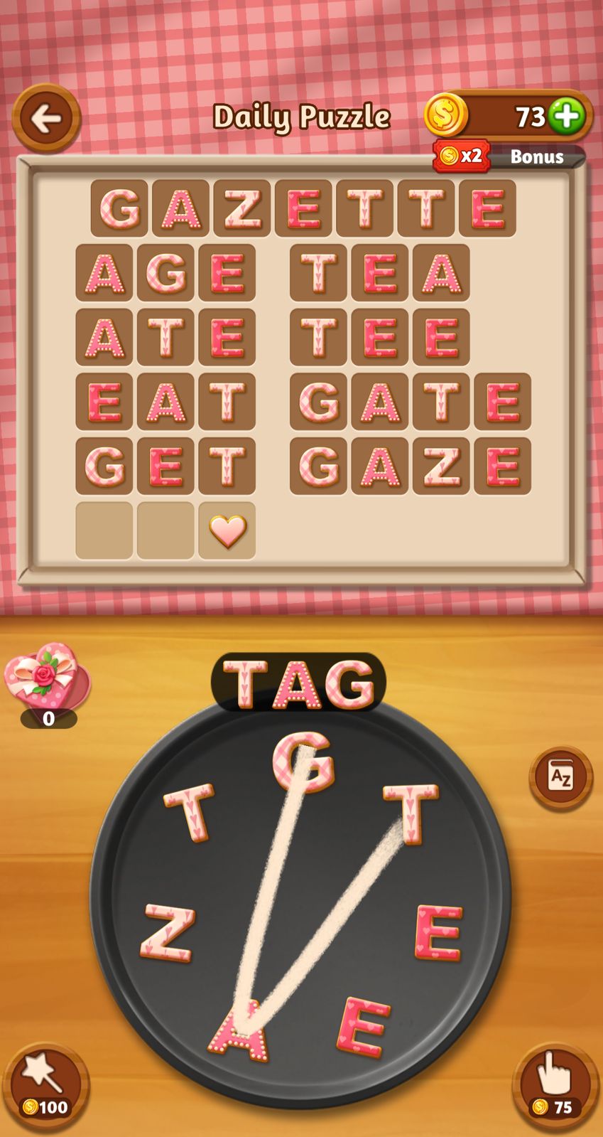 Word puzzle game with words like Gazette and Age.