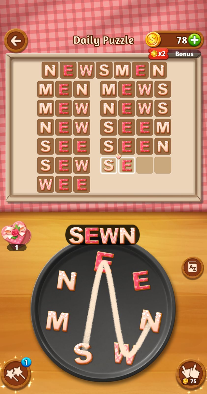 Word puzzle game with cookies spelling SEWN.