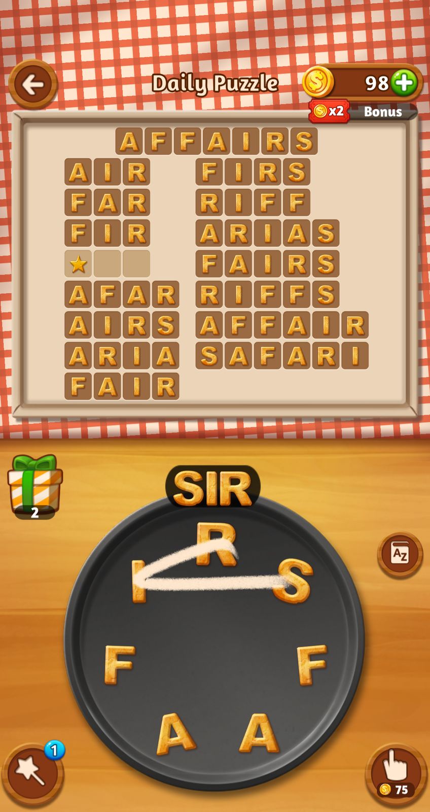 Word puzzle game with letters and coins.