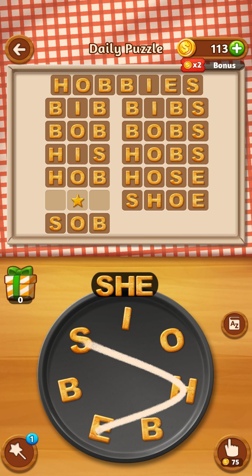 Word puzzle game interface with scrambled letters.