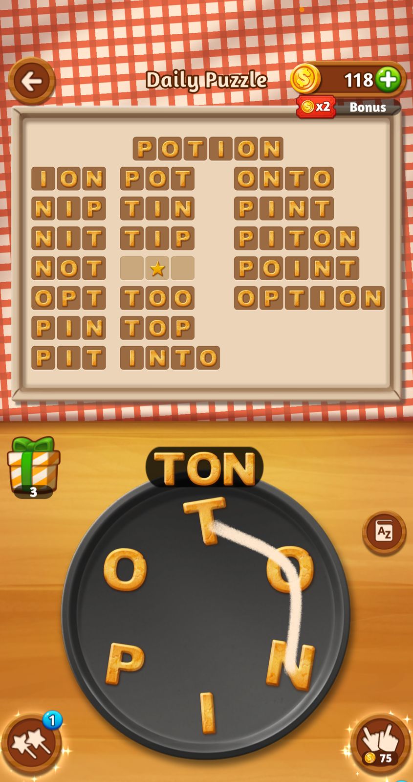 Daily word puzzle game screen with words and coins.