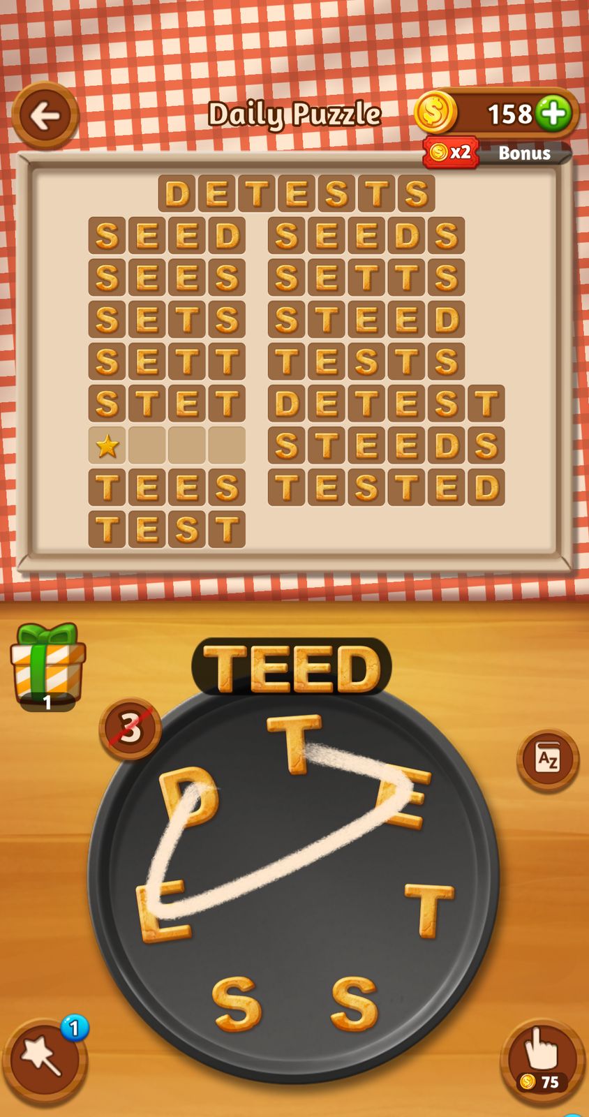 Word puzzle game with letters forming 'TEED'.