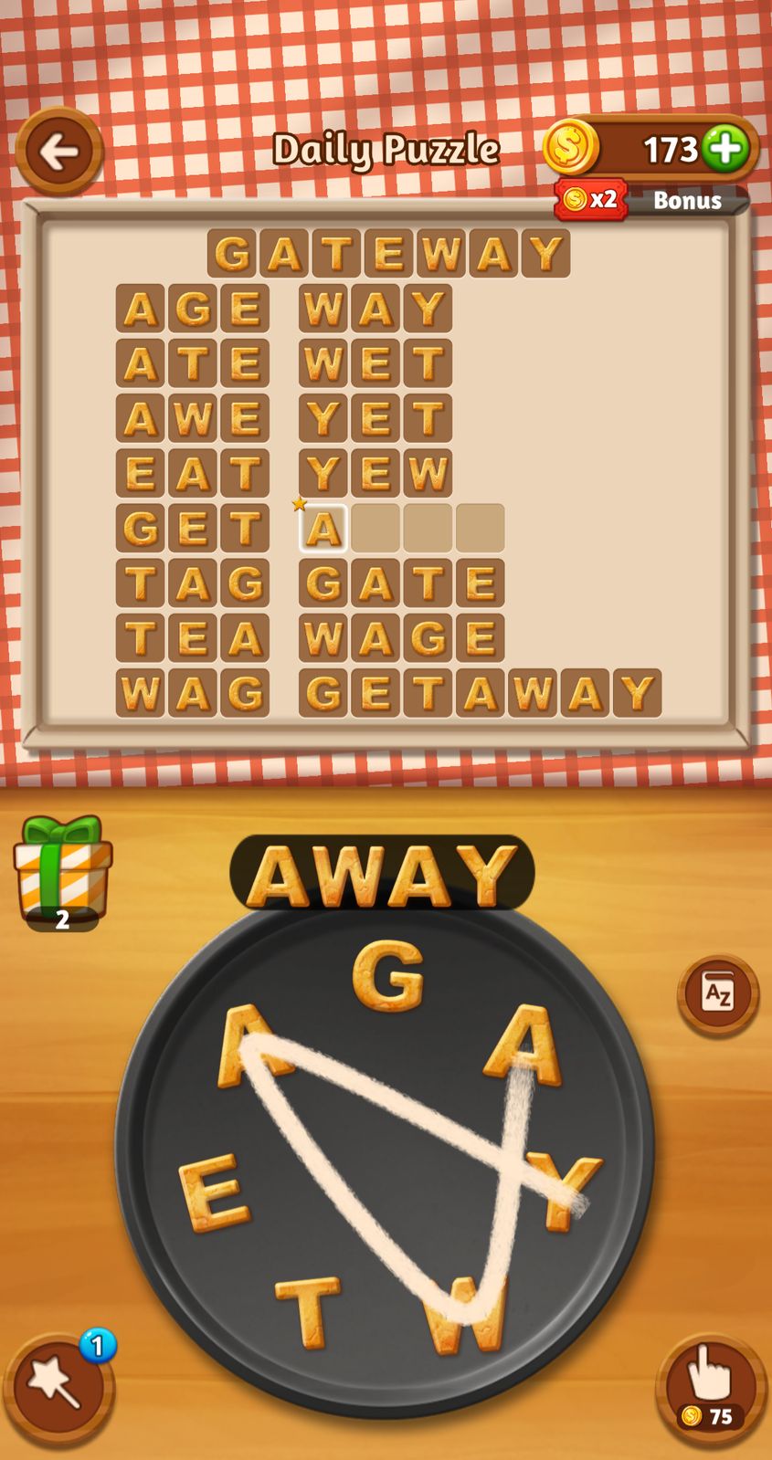 Word puzzle game with letter biscuits forming words.
