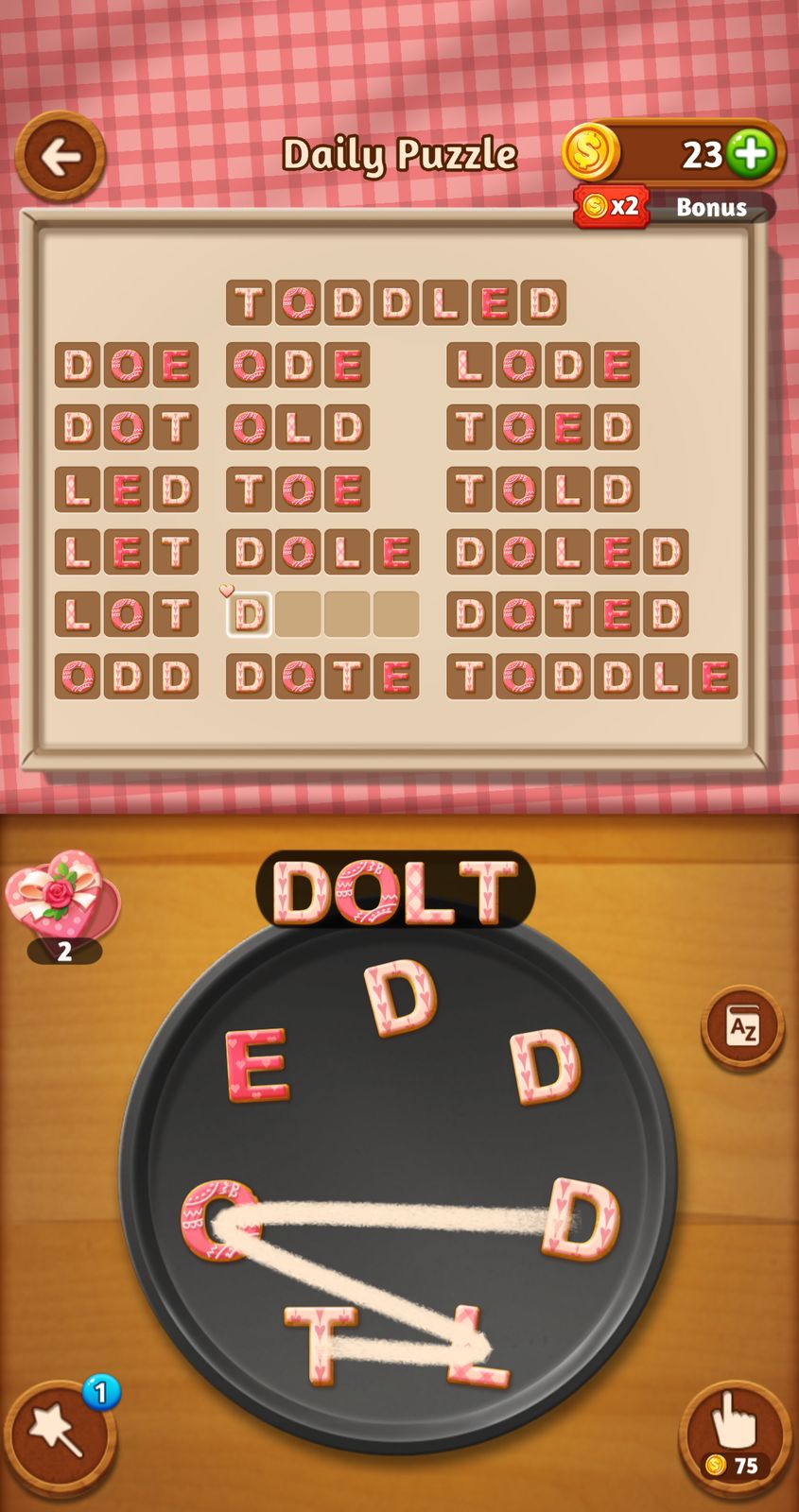 Daily word puzzle with letters in donut shapes.
