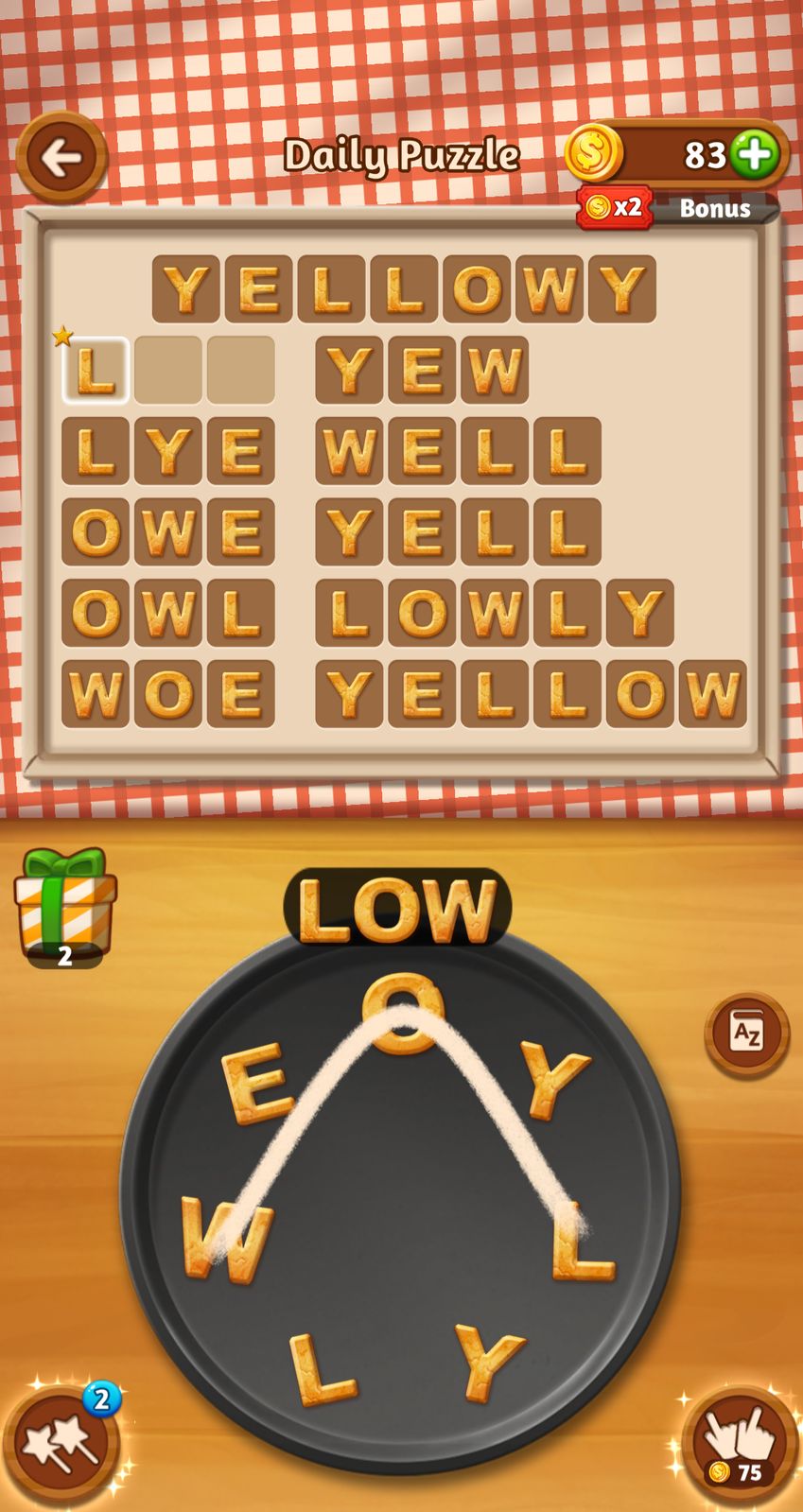 Word puzzle game showing various word solutions.