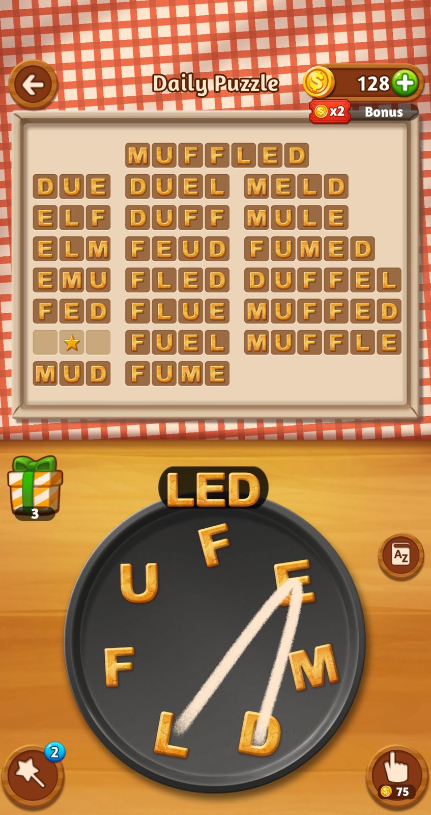 Word puzzle game, forming words with letters on a plate.