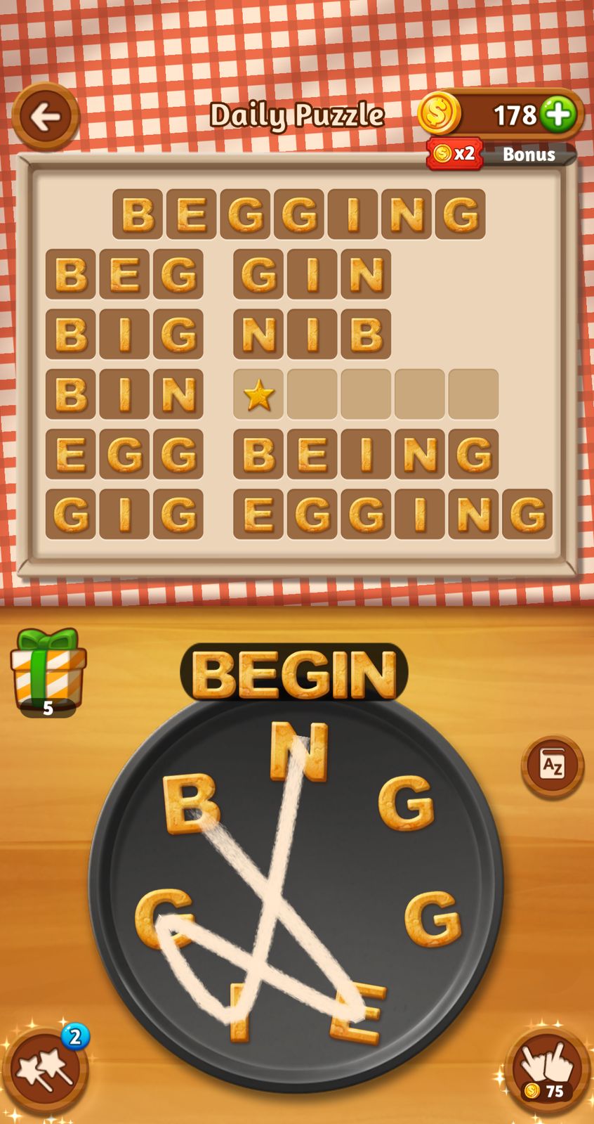 Word puzzle game with words on board and plate.