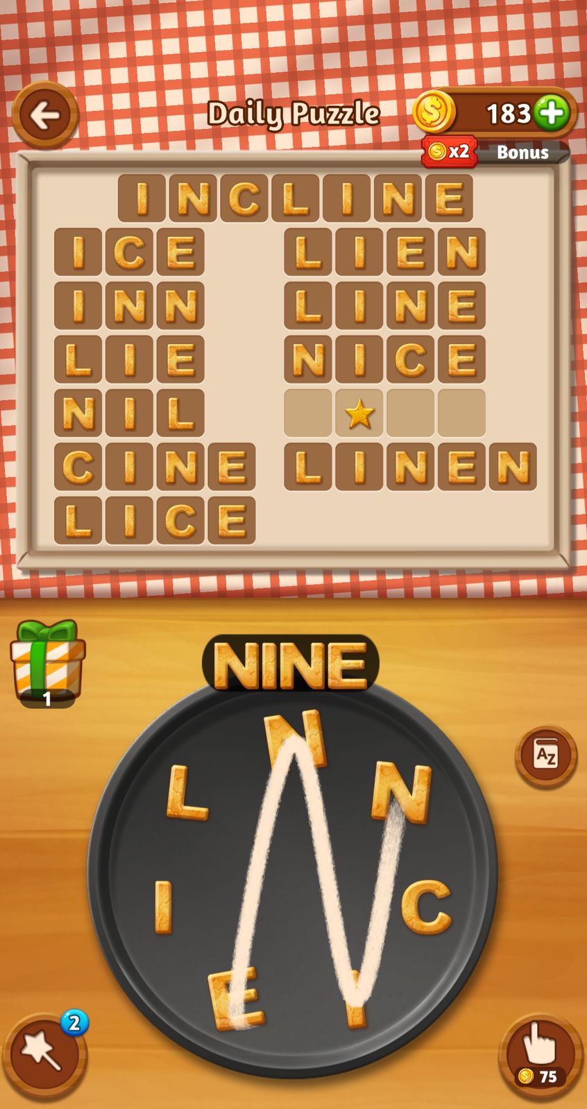 Word puzzle game with letters forming words.