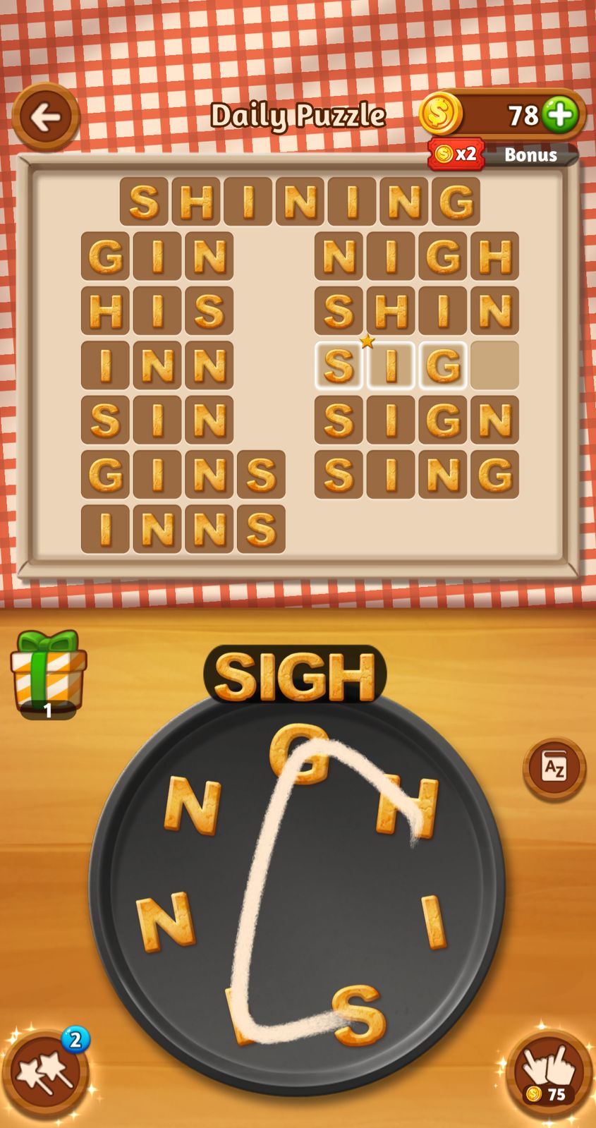 Word puzzle game with letters forming 'SIGH'.